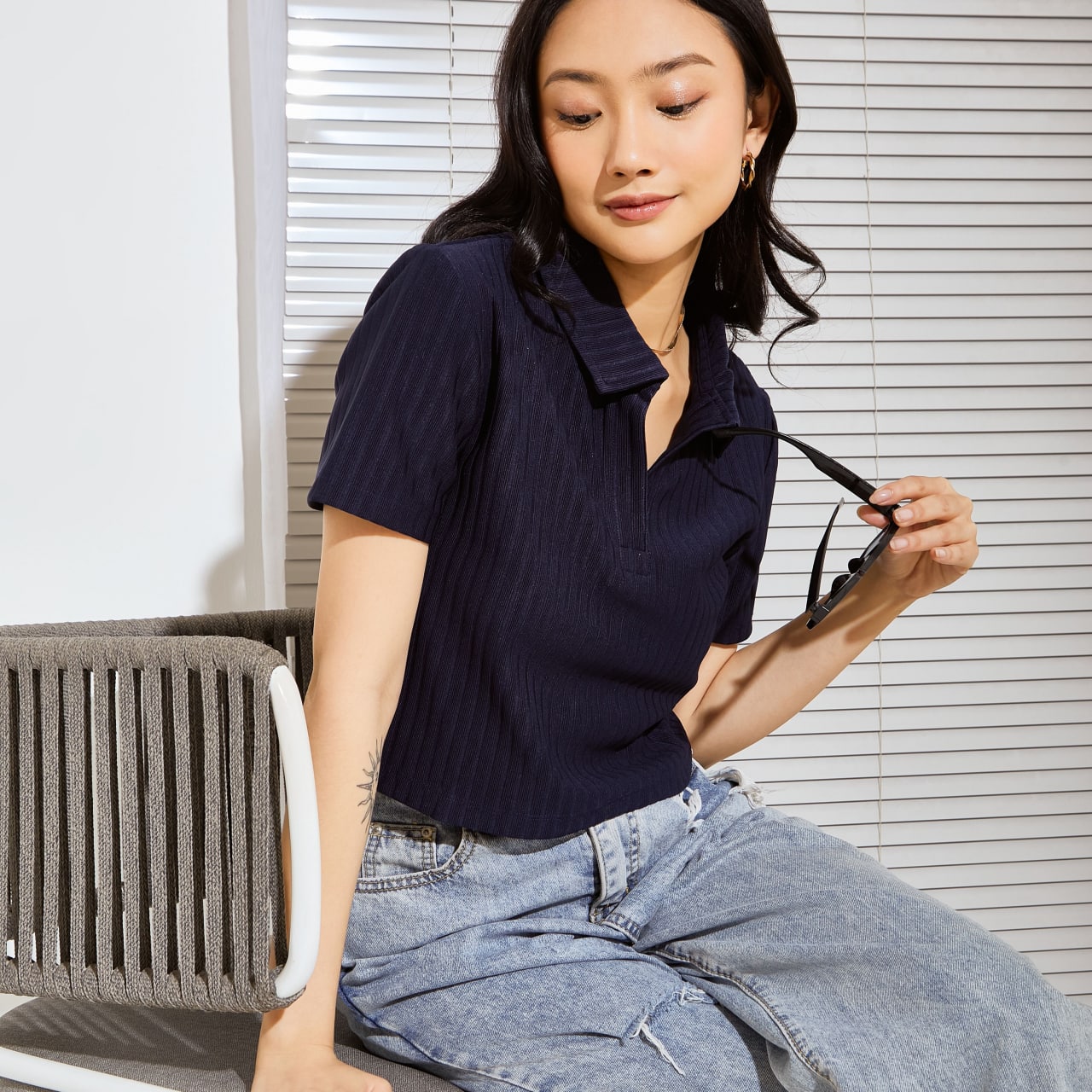 Aurielle Kyo Ribbed Polo Top